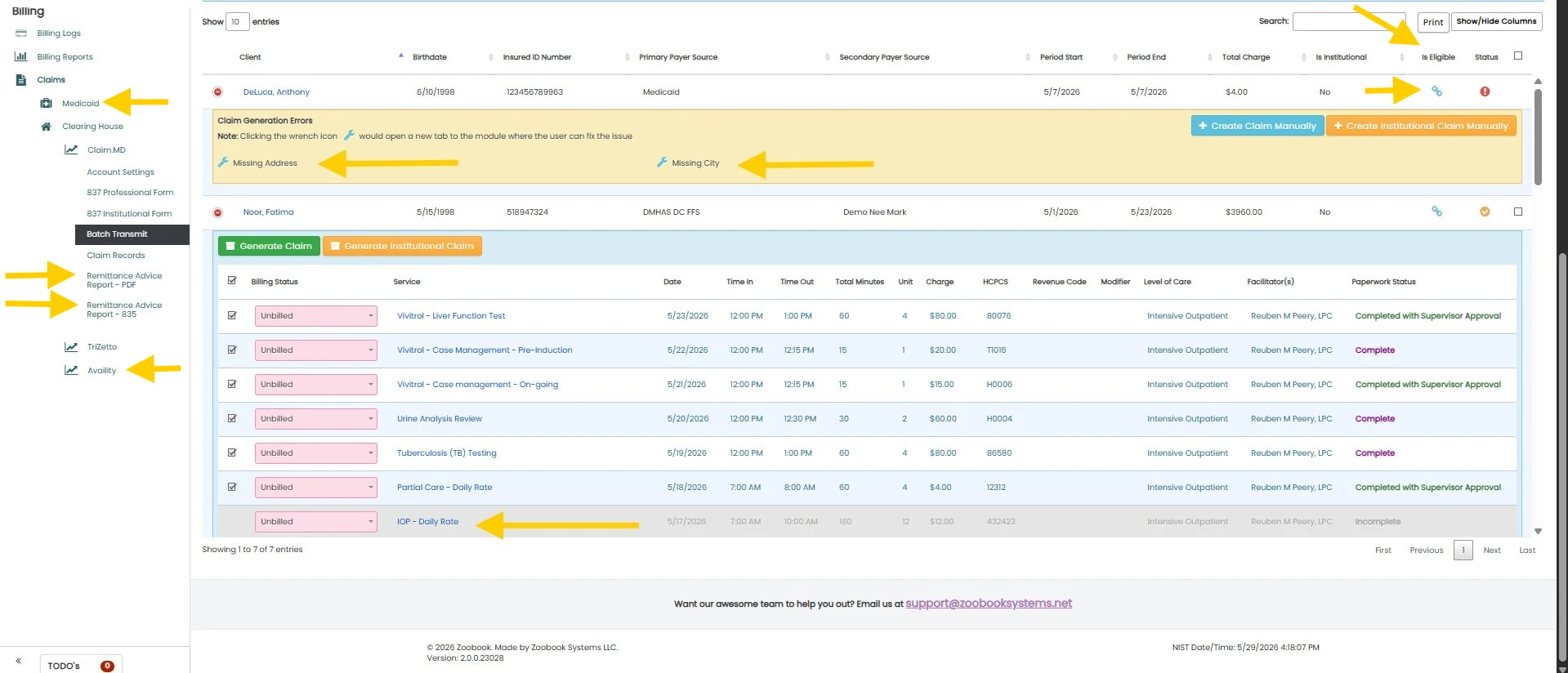 Zoobook billing module — claim generation, batch transmit, remittance reports
