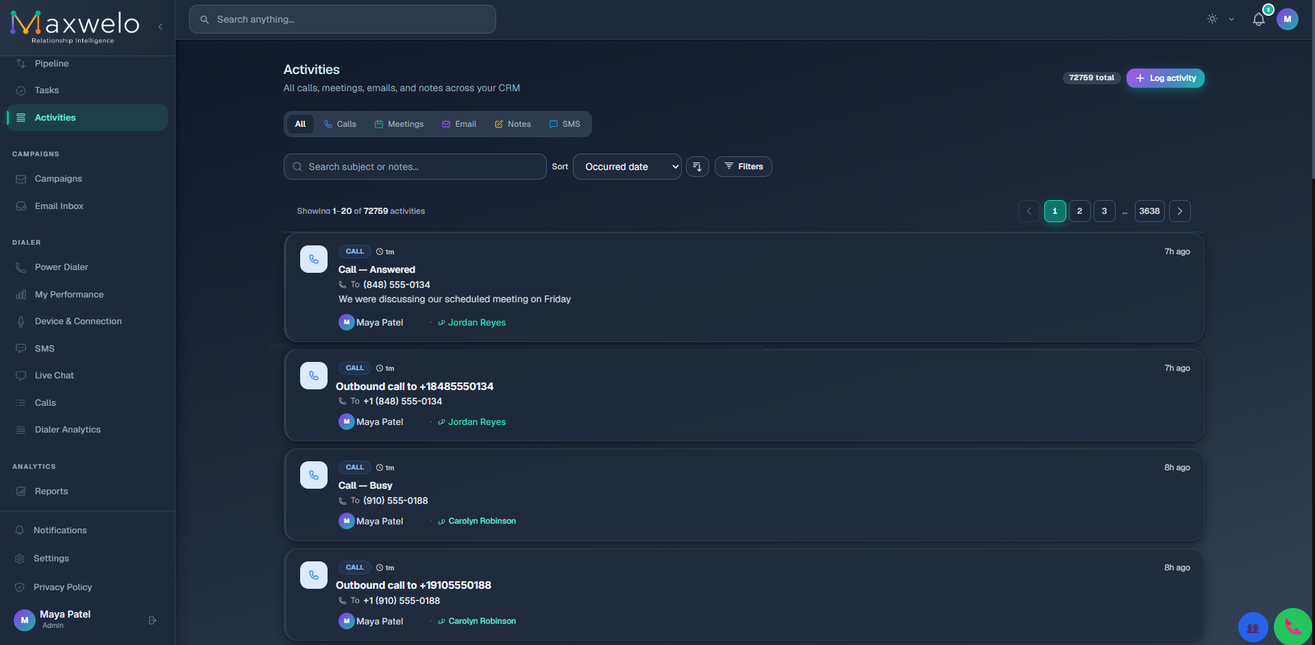 Maxwelo activity log: every call, email and note on one screen, each one logged by itself