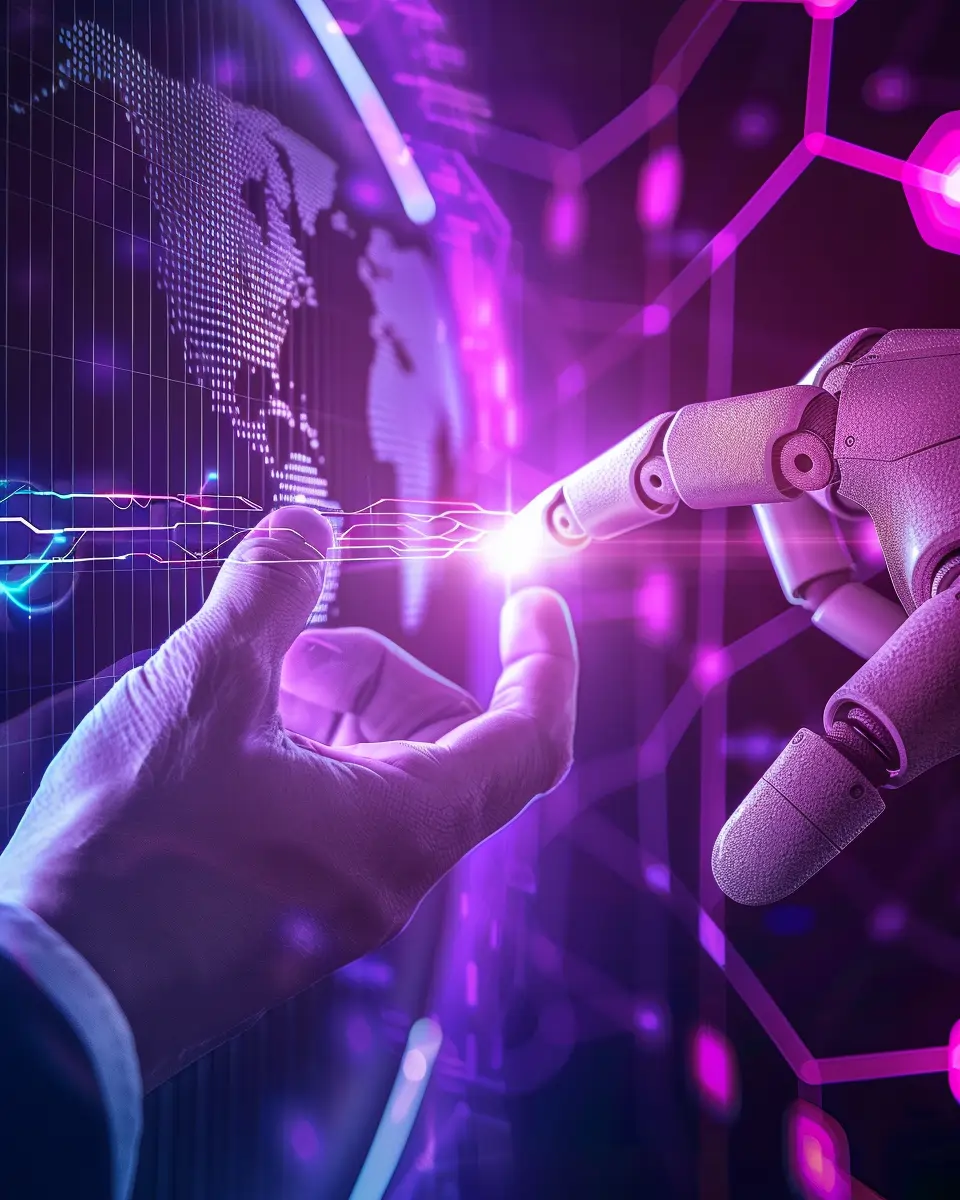 Human and robotic hands connecting with glowing light, symbolizing how AI technology transforms healthcare efficiency