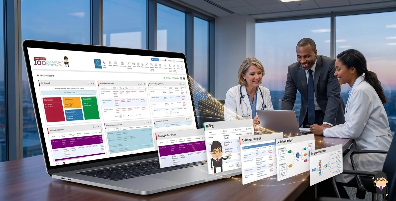 Behavioral health clinicians reviewing Zoobook EHR dashboard